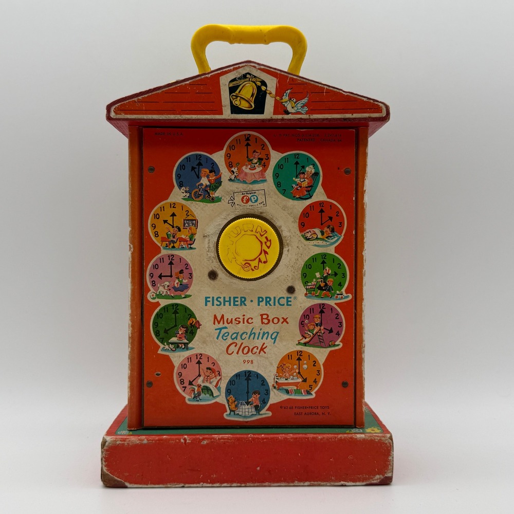 Vintage 1968 Fisher Price 998 Music Box Teaching Clock Kids Red Wood Toy TESTED